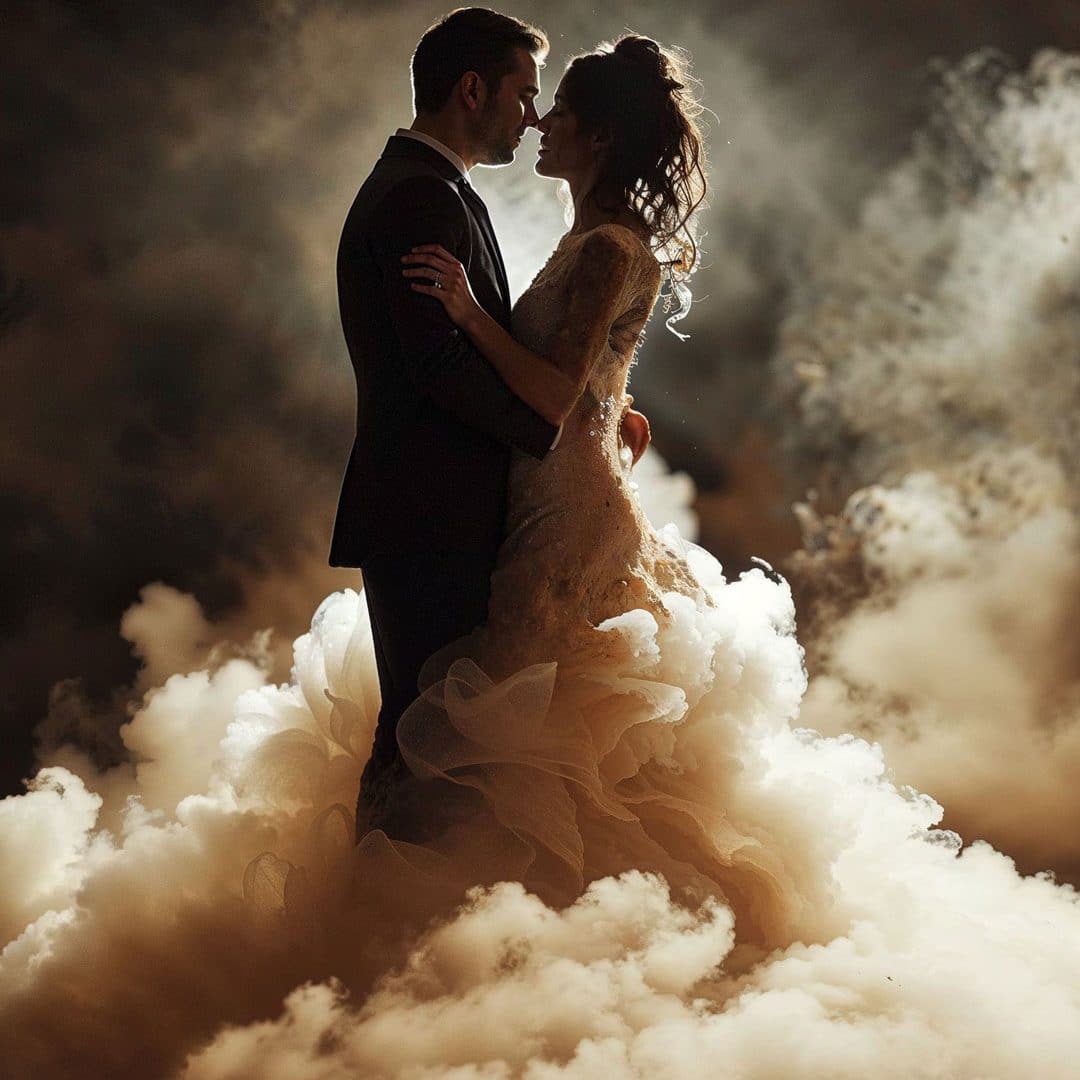 Brautpaar umhüllt von einem mystischen Bodennebel, steht im Zentrum einer dramatisch beleuchteten Tanzfläche.