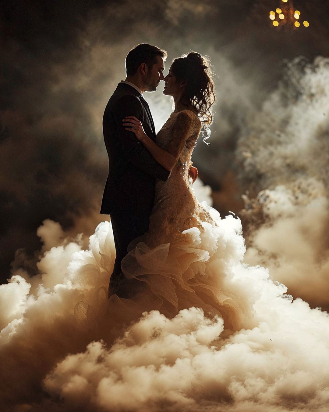 Brautpaar umhüllt von einem mystischen Bodennebel, steht im Zentrum einer dramatisch beleuchteten Tanzfläche.